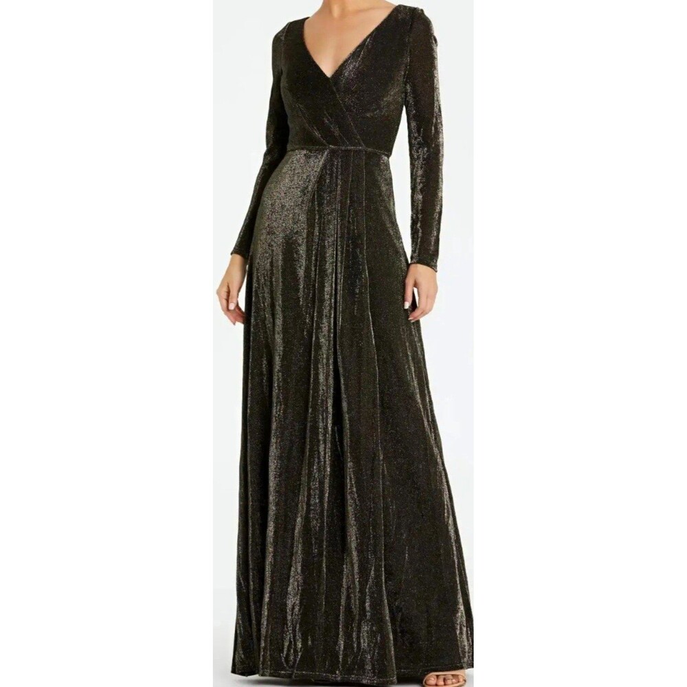 Ieena for Mac Duggal Black Gold Wrap Maxi Dress Sz 10 Long Sleeve V-Neck